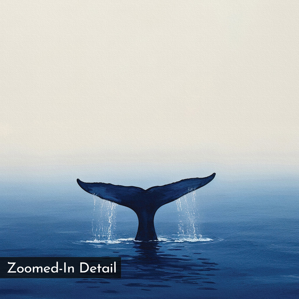 Ocean Giant Canvas Art features a whale’s tail rising from tranquil blue water, droplets cascading from the edges. Against a pale, minimal backdrop, this seascape brings coastal charm. “Zoomed-In Detail” label in the corner. Ideal wall art print.