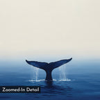 Ocean Giant Canvas Art features a whale’s tail rising from tranquil blue water, droplets cascading from the edges. Against a pale, minimal backdrop, this seascape brings coastal charm. “Zoomed-In Detail” label in the corner. Ideal wall art print.