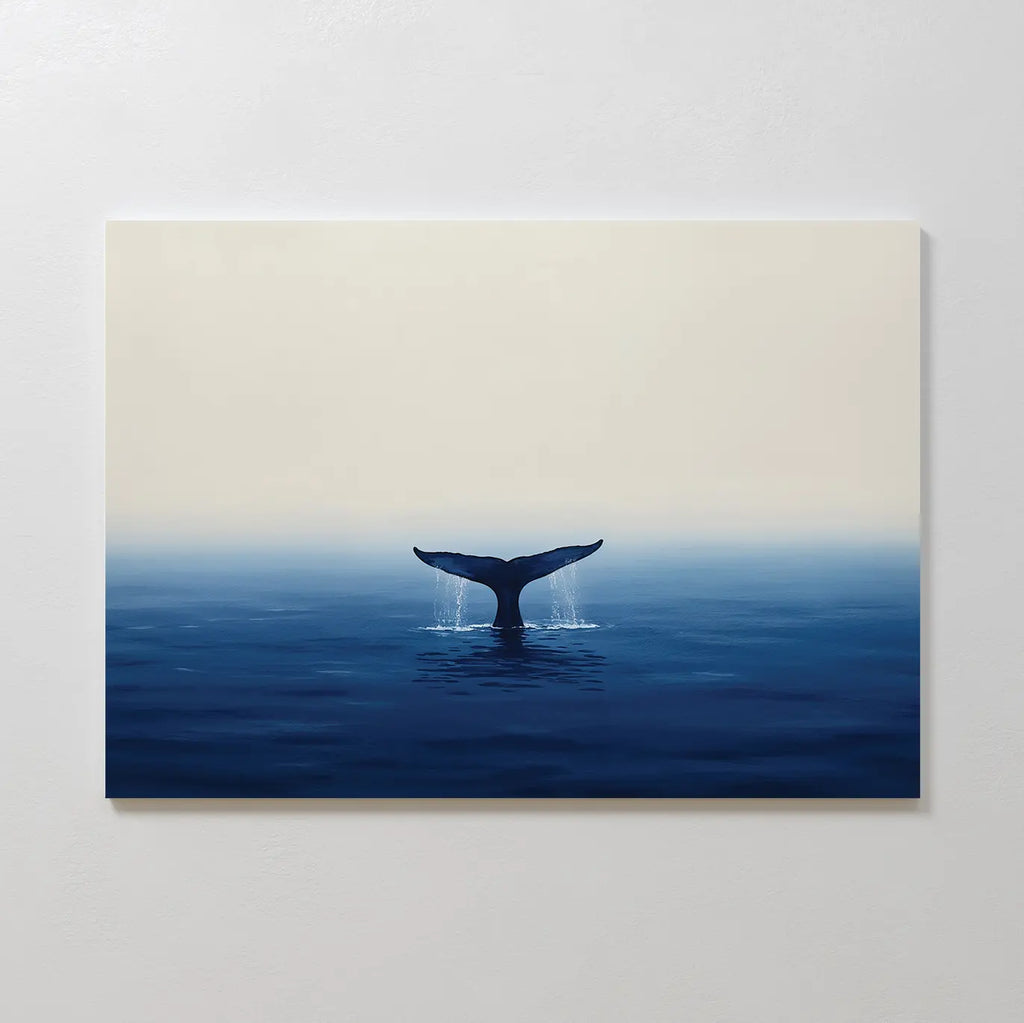 Ocean Giant Canvas Art features a minimalist seascape of a whale’s tail in deep blue water beneath a pale sky—ideal coastal wall decor for creating tranquility in any space.