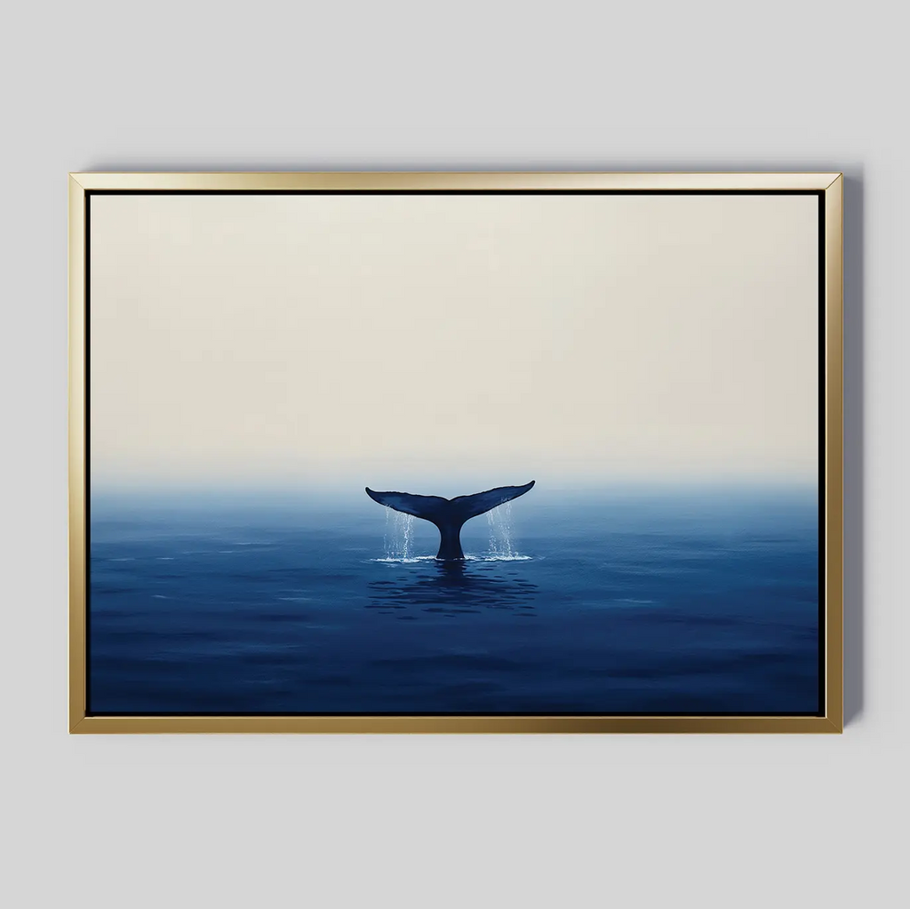 The Ocean Giant Canvas Art features a whales tail splashing out of a calm blue ocean beneath a gradient sky, all set in a gold-colored frame that contrasts with the tranquil, minimalist seascape.