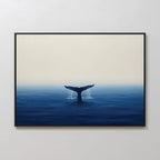 The Ocean Giant Canvas Art showcases a whale’s tail fin rising from tranquil blue waters beneath a soft gradient sky, offering a serene and minimalist seascape print ideal for coastal decor enthusiasts.