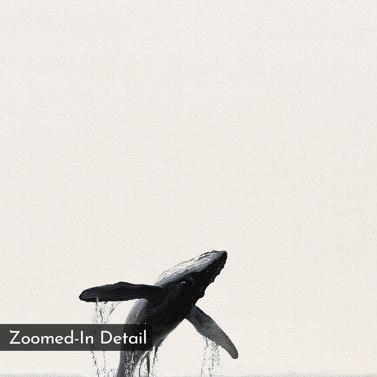 The Ocean Leap Canvas Art shows a whale breaching over the ocean, water splashing against a light background—a minimalist piece to elevate your living room. “Zoomed-In Detail” is labeled in the bottom left corner.