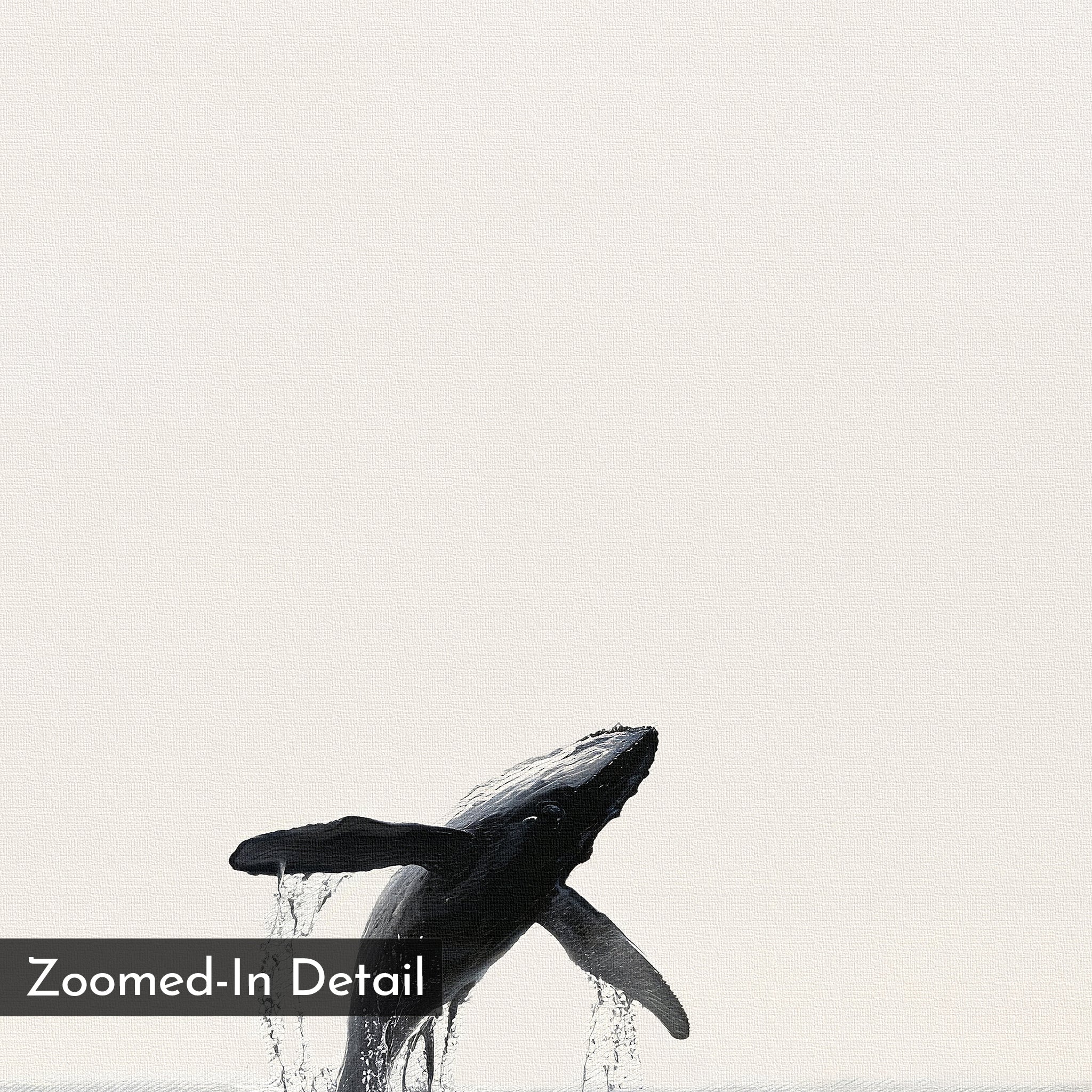The Ocean Leap Canvas Art shows a whale breaching over the ocean, water splashing against a light background—a minimalist piece to elevate your living room. “Zoomed-In Detail” is labeled in the bottom left corner.