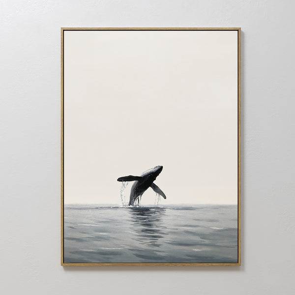 The Ocean Leap Canvas Art showcases a whale breaching the tranquil ocean in a minimal, neutral palette, ideal for minimalist wall art lovers and displayed beautifully on a white wall.