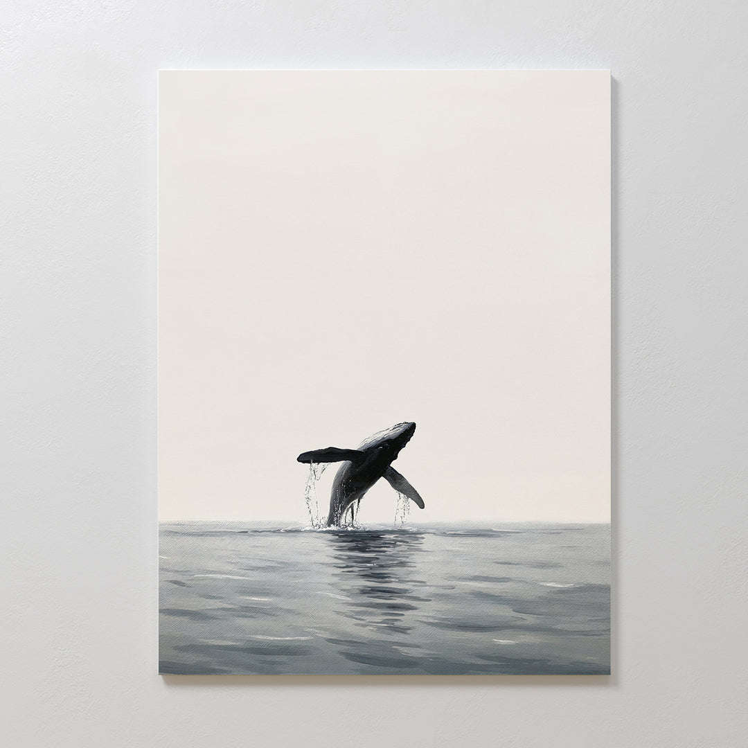Ocean Leap Canvas Art features a minimalist whale breaching over calm water with gentle reflections on a neutral background—ideal as large wall art for creating a serene, modern atmosphere.
