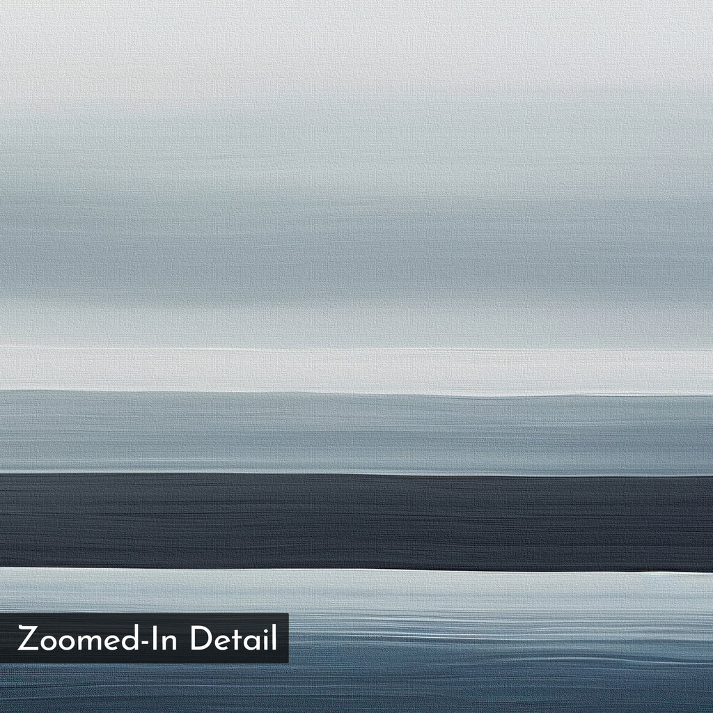 Oceanic Blur Abstract Canvas Art features horizontal bands in blue, gray, and white with visible brushstrokes. Minimalist wall art, it includes a black label in the lower left corner that reads "Zoomed-In Detail.
