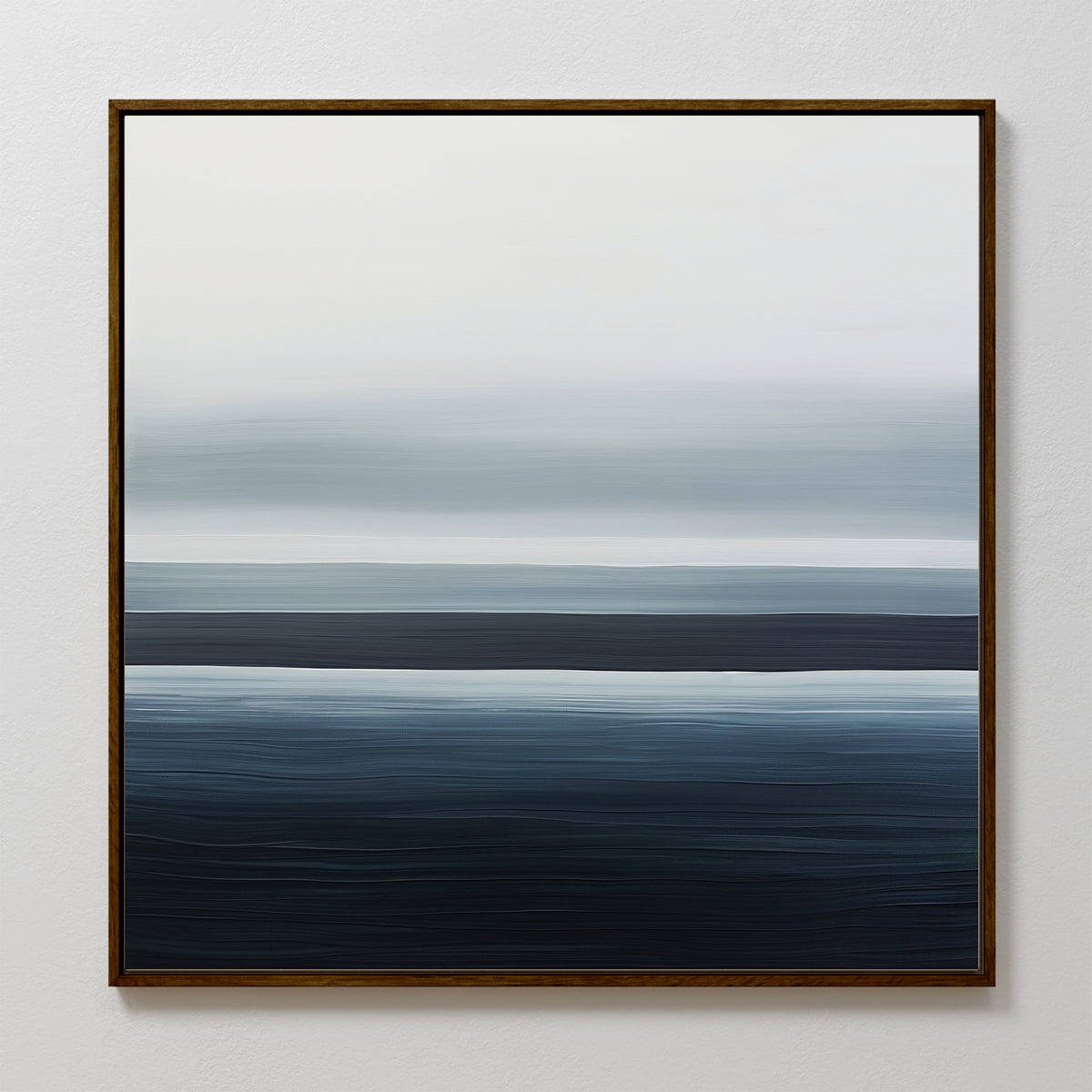 Oceanic Blur Abstract Canvas Art features smooth horizontal layers of blue, gray, and white gradients. This minimalist wall art evokes a calm, coastal vibe—ideal for serene living room decor.