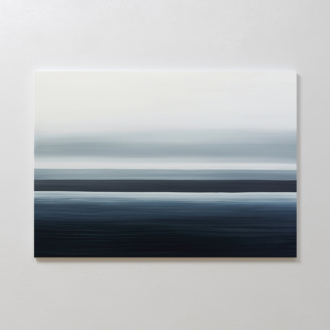 The Oceanic Blur Canvas Art – Horizontal features soft blue, gray, and white bands for a serene, coastal vibe. This minimalist piece evokes a tranquil seascape or misty horizon—perfect for modern décor.