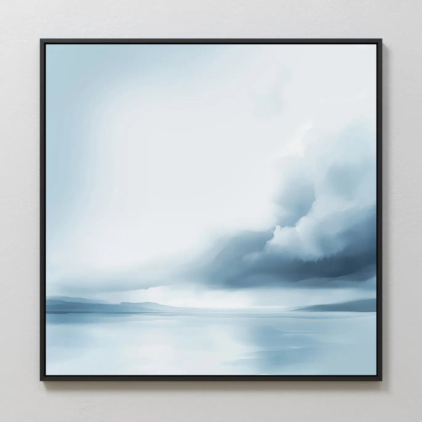Oceanic Overcast Canvas Art features a serene abstract seascape in soft blue and white tones, depicting clouds over calm water for peaceful, minimalist wall décor.