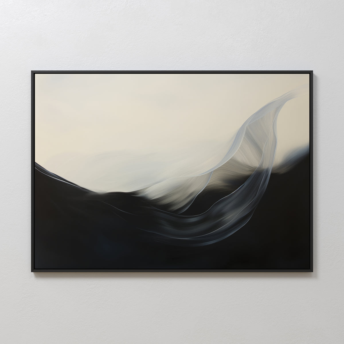 The Oceanic Pulse Abstract Canvas Art features soft white and gray brushstrokes over a dark base, evoking waves or mist. This minimalist wall art brings a serene touch to your living room when displayed on a plain white wall.