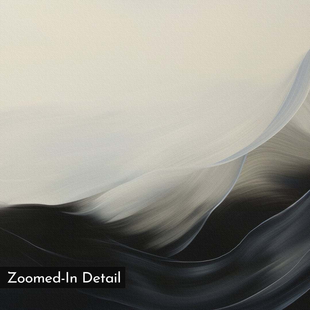 Oceanic Pulse Abstract Canvas Art features smooth, flowing brushstrokes in white, gray, and black, evoking waves or mist. Its soft painterly texture is perfect as minimalist or modern wall art for living room decor. Labeled "Zoomed-In Detail" in the corner.