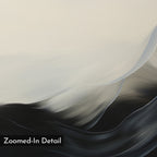 Oceanic Pulse Abstract Canvas Art features smooth, flowing brushstrokes in white, gray, and black, evoking waves or mist. Its soft painterly texture is perfect as minimalist or modern wall art for living room decor. Labeled "Zoomed-In Detail" in the corner.
