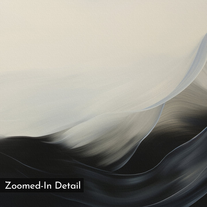 Oceanic Pulse Abstract Canvas Art features smooth, flowing brushstrokes in white, gray, and black, evoking waves or mist. Its soft painterly texture is perfect as minimalist or modern wall art for living room decor. Labeled "Zoomed-In Detail" in the corner.