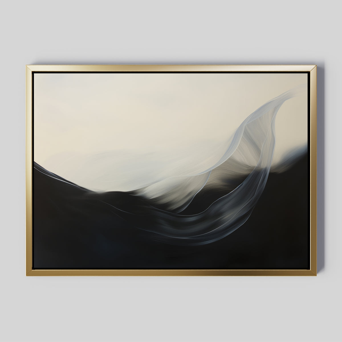 Oceanic Pulse Abstract Canvas Art, in a gold frame, displays flowing white and gray shapes over a dark background—evoking wind or waves. Perfect minimalist wall art for living room decor set against a light gray wall.