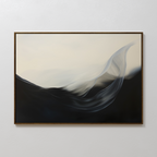 Oceanic Pulse Abstract Canvas Art features soft, flowing black and white shapes with sweeping lines that create a wave-like effect—an elegant modern wall art piece perfect for minimalist living room decor.