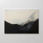 Oceanic Pulse Abstract Canvas Art features flowing black and gray wave-like shapes on a soft beige background, adding motion and depth to living room decor. Displayed on a plain white wall, this modern piece makes a striking statement.