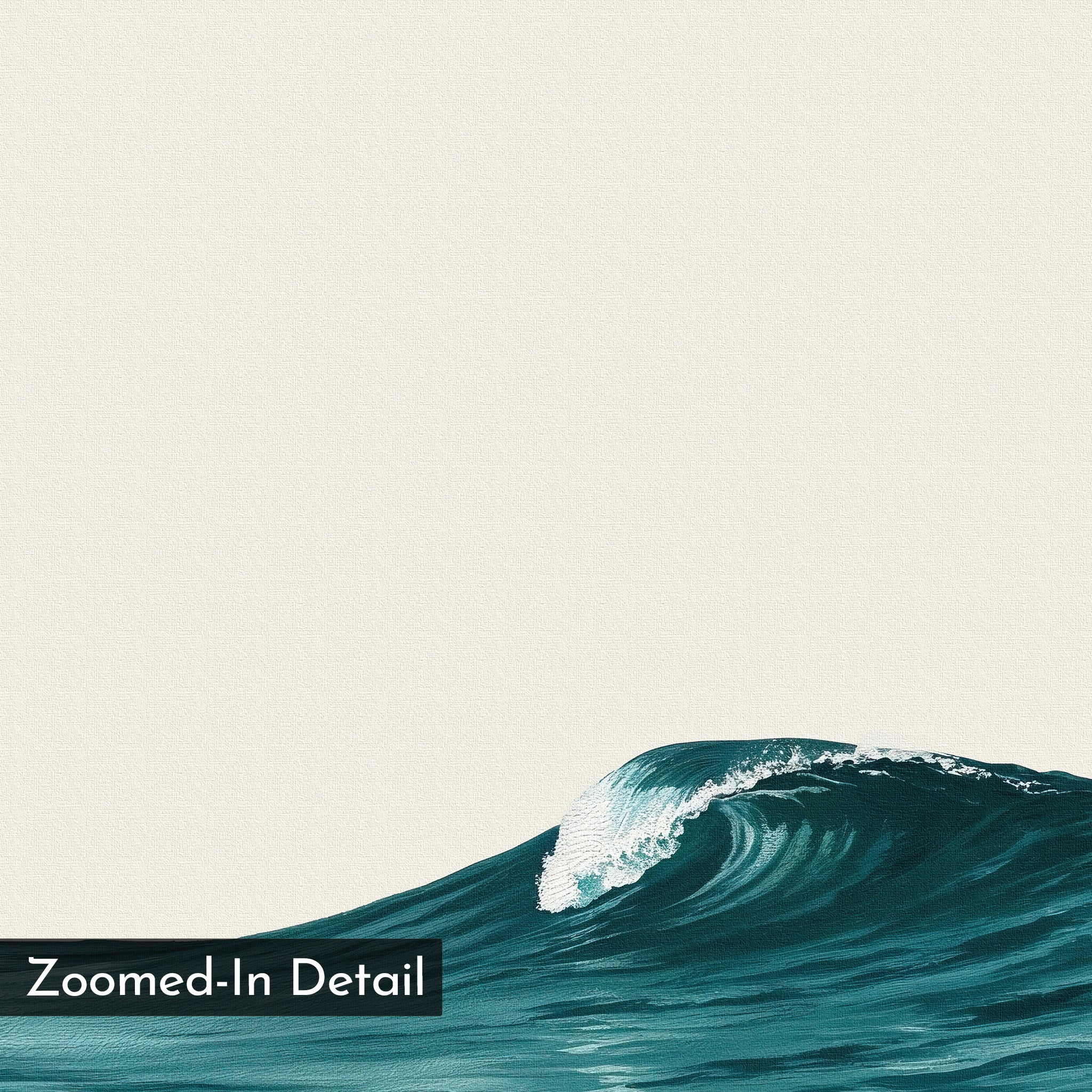 Oceanside Crest Canvas Art is a stylized, zoomed-in painting of a blue ocean wave with white foam on a cream background. Minimalist and modern wall art, it features a black label in the bottom left corner reading “Zoomed-In Detail.”.