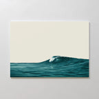 The Oceanside Crest Canvas Art features a minimalist teal ocean wave on a plain off-white background, creating striking wall art perfect for modern bedroom decor. No other elements are visible in this simple yet elegant piece.