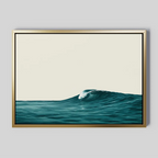 Oceanside Crest Canvas Art features a single teal ocean wave with a curling crest on a calm sea, set against a minimalist pale background. The gold-colored sleek frame makes it ideal for coastal living room or modern bedroom decor.