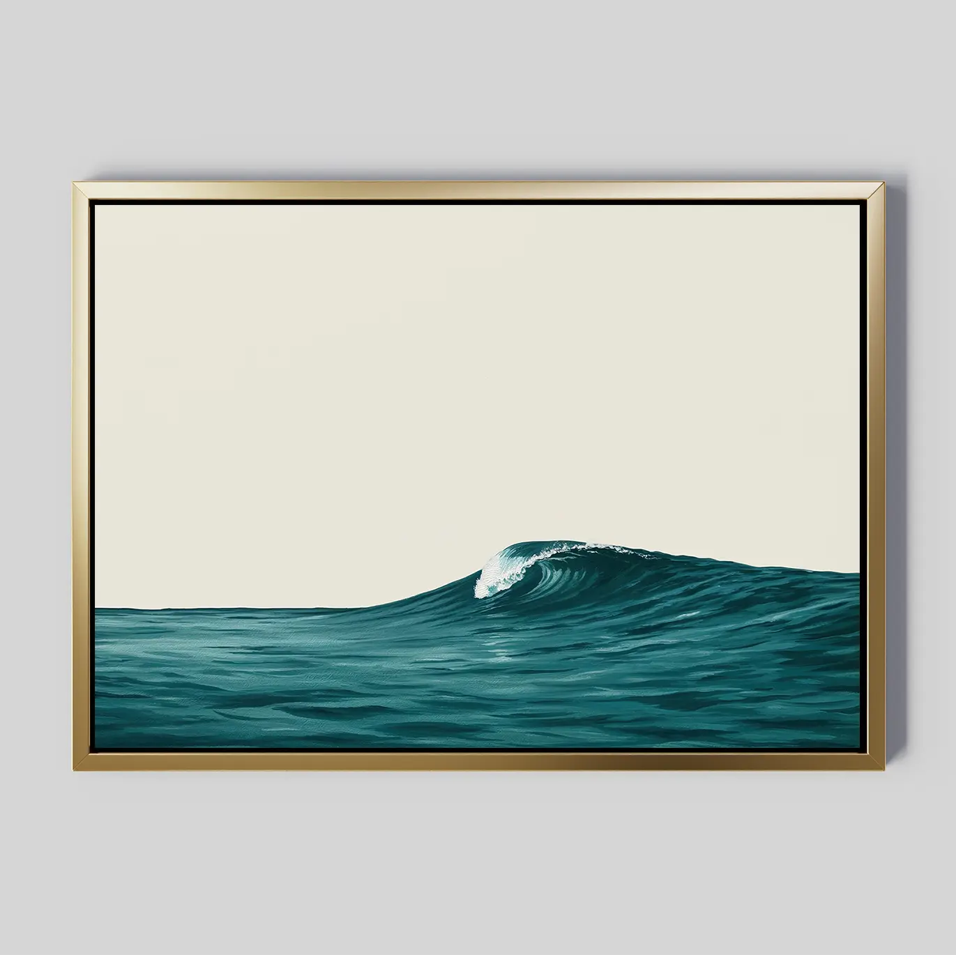 Oceanside Crest Canvas Art features a single teal ocean wave with a curling crest on a calm sea, set against a minimalist pale background. The gold-colored sleek frame makes it ideal for coastal living room or modern bedroom decor.