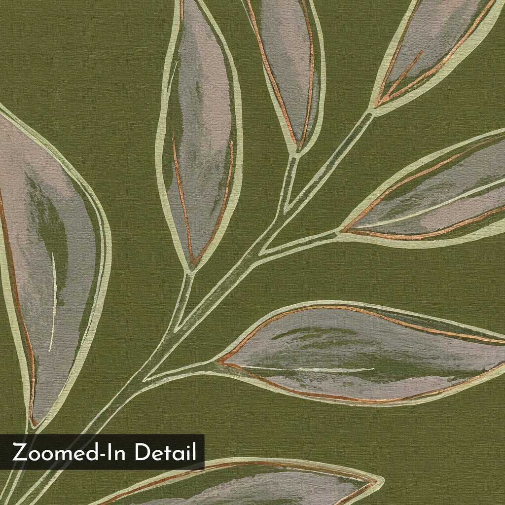 A close-up of illustrated olive branches with elongated green leaves outlined in beige and brown on an olive green background—Olive Branch Canvas Art, ideal botanical wall decor for a modern living room. Lower left corner text reads “Zoomed-In Detail.”.