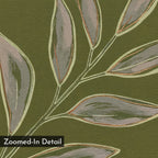 A close-up of illustrated olive branches with elongated green leaves outlined in beige and brown on an olive green background—Olive Branch Canvas Art, ideal botanical wall decor for a modern living room. Lower left corner text reads “Zoomed-In Detail.”.