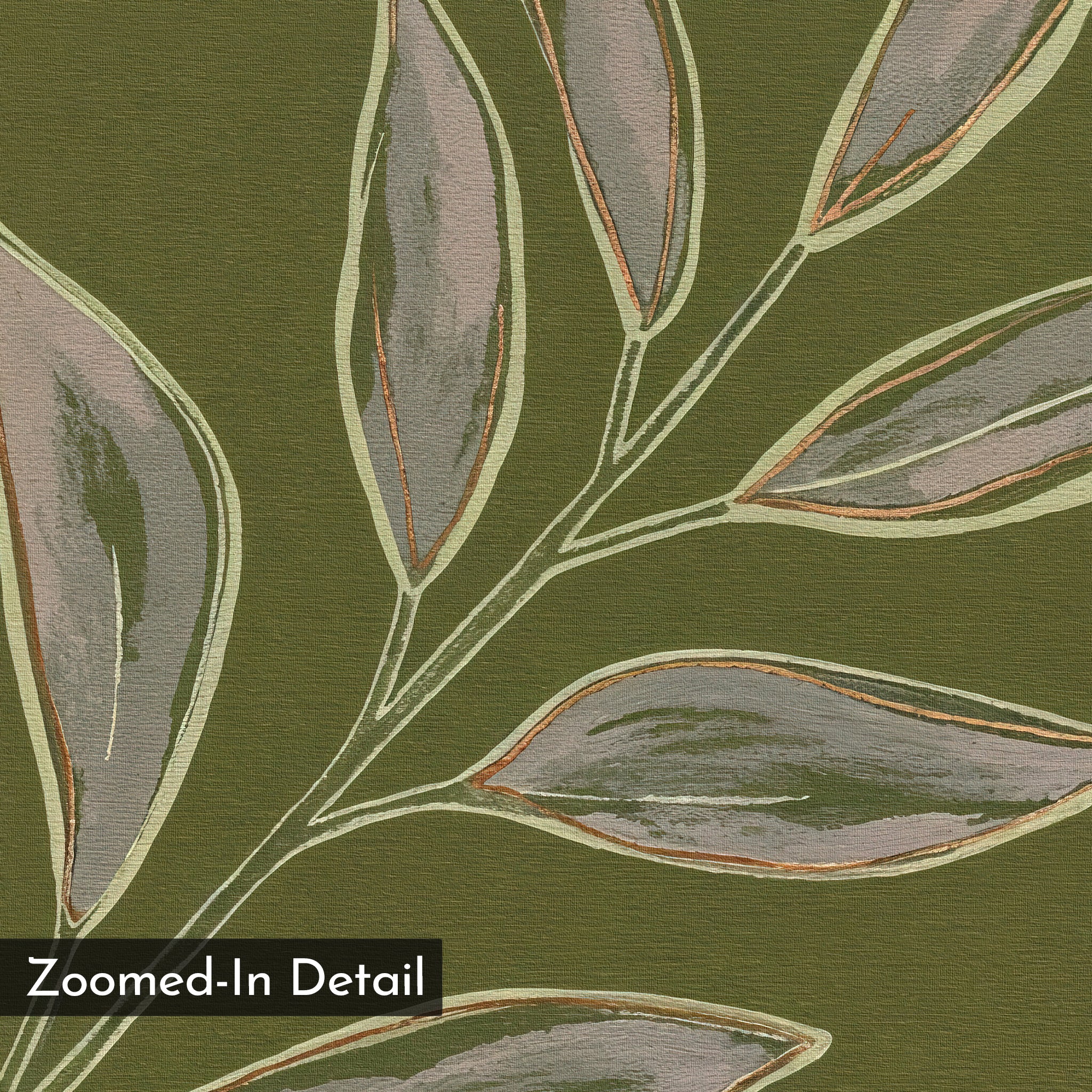 A close-up of illustrated olive branches with elongated green leaves outlined in beige and brown on an olive green background—Olive Branch Canvas Art, ideal botanical wall decor for a modern living room. Lower left corner text reads “Zoomed-In Detail.”.