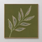 The Olive Branch Canvas Art showcases a simple leafy branch with nine muted green-gray leaves, outlined in beige on a dark olive-green backdrop—an elegant accent for modern living room decor.