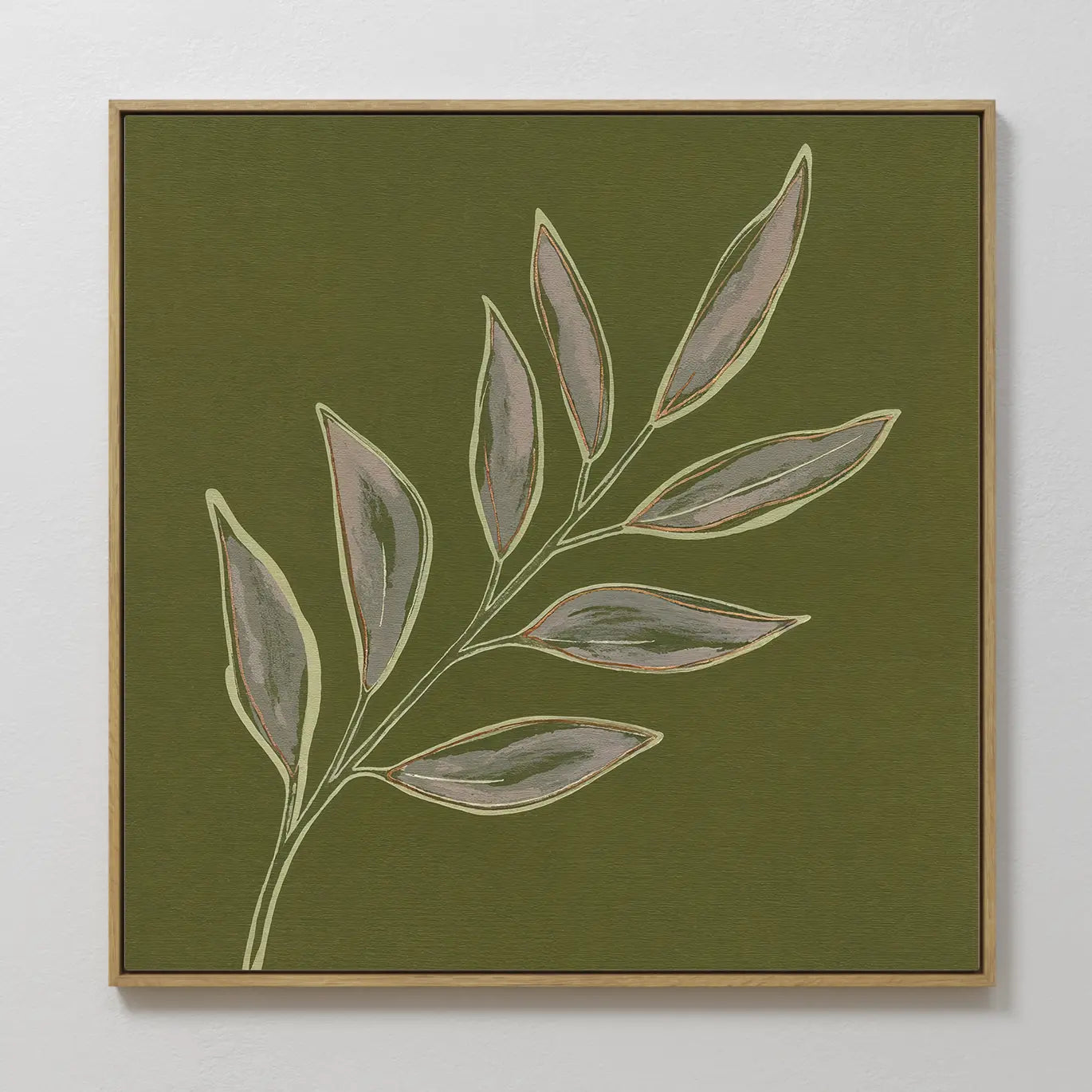 The Olive Branch Canvas Art showcases a simple leafy branch with nine muted green-gray leaves, outlined in beige on a dark olive-green backdrop—an elegant accent for modern living room decor.