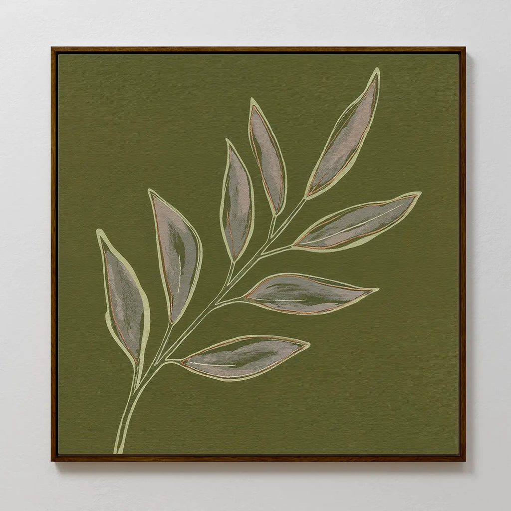 Olive Branch Canvas Art features a minimalist leafy branch with elongated leaves on an olive green background. Shades of gray and beige add subtle elegance, making it perfect large wall art for modern living room decor.
