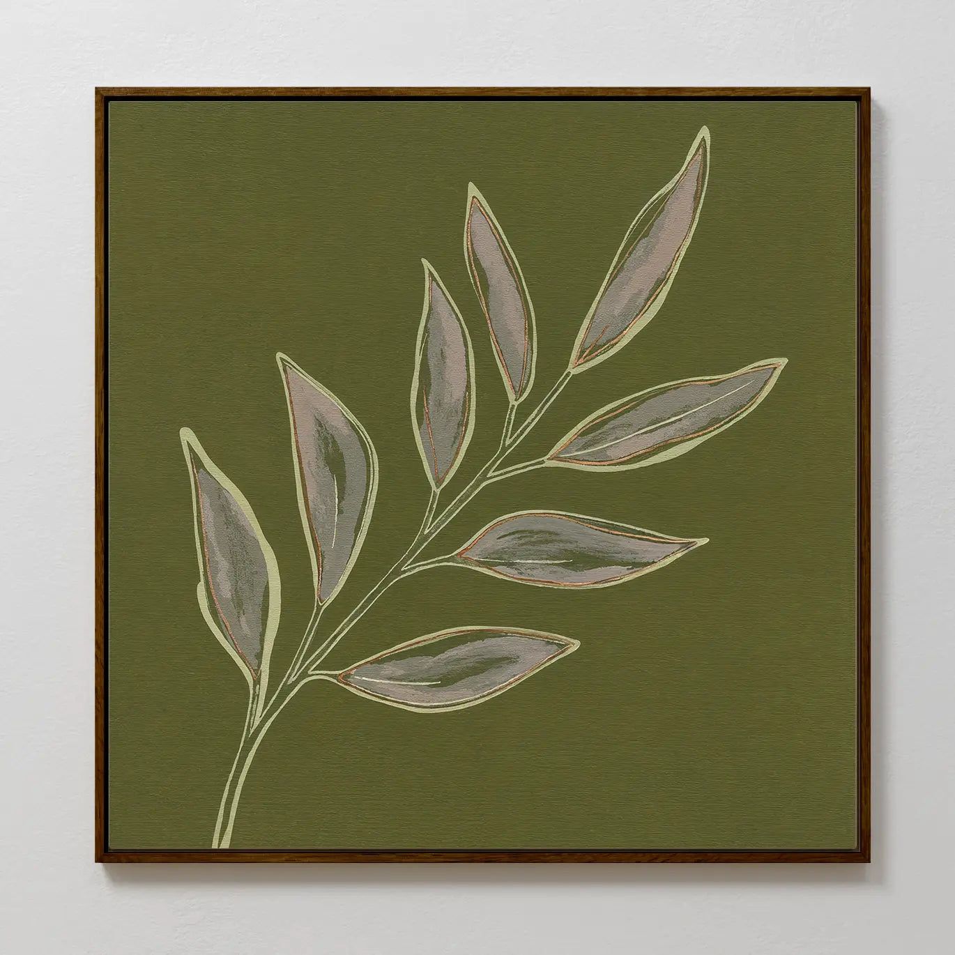 Olive Branch Canvas Art features a minimalist leafy branch with elongated leaves on an olive green background. Shades of gray and beige add subtle elegance, making it perfect large wall art for modern living room decor.