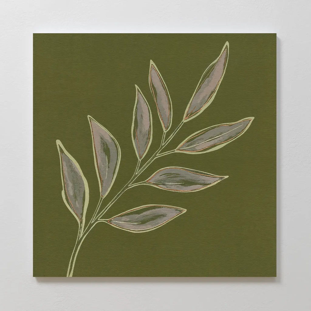 Olive Branch Canvas Art features a minimalist leafy branch with ten subtle gray-green leaves on an olive background—ideal botanical wall decor to complement modern living rooms with clean lines and muted tones.