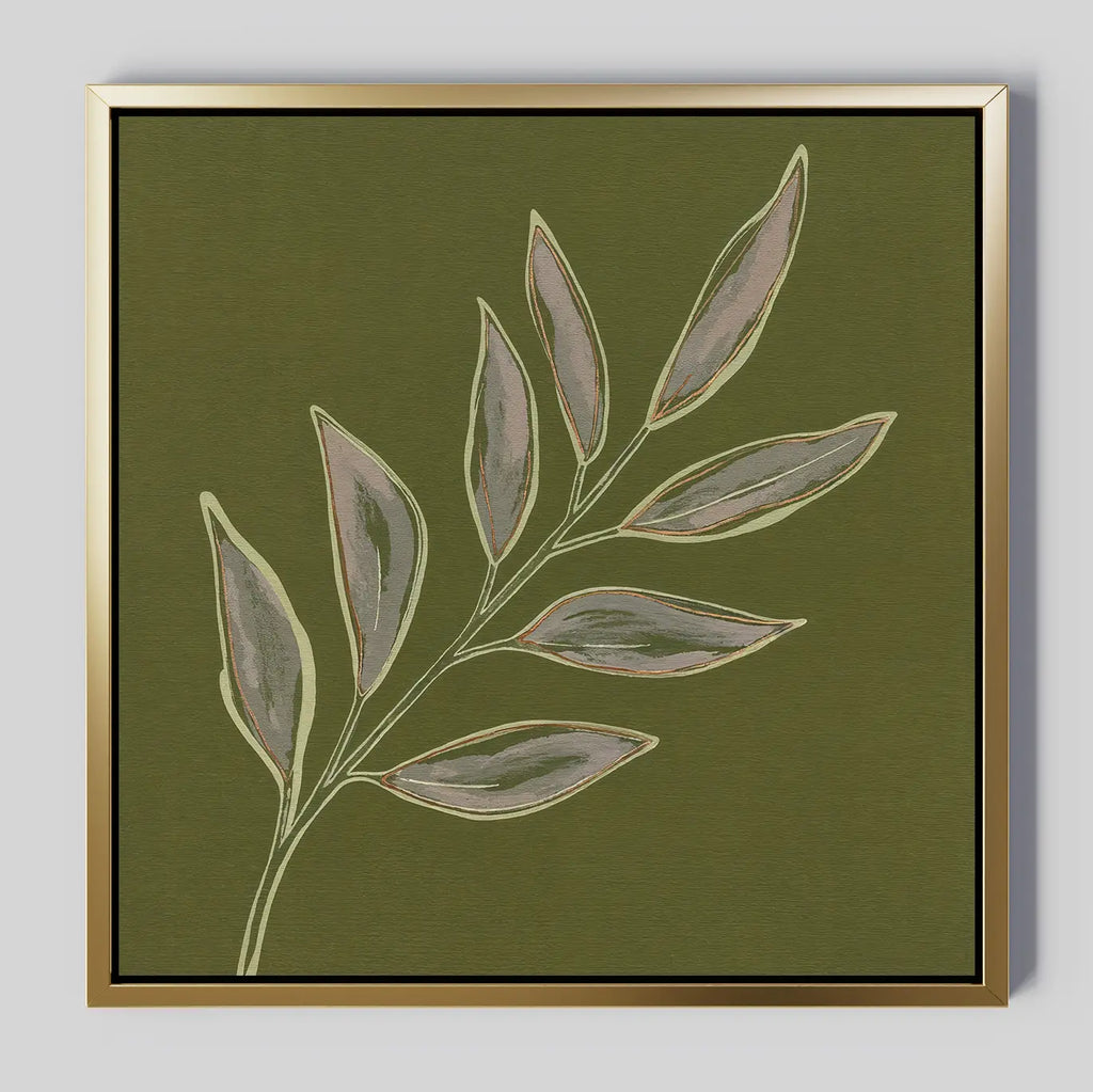 Olive Branch Canvas Art features a minimalist illustration of an elongated leafy branch on an olive green background, outlined in light tones and framed with a slim gold border—ideal botanical wall decor for modern living rooms.