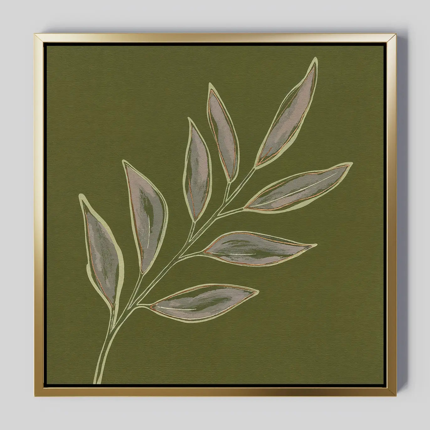 Olive Branch Canvas Art features a minimalist illustration of an elongated leafy branch on an olive green background, outlined in light tones and framed with a slim gold border—ideal botanical wall decor for modern living rooms.