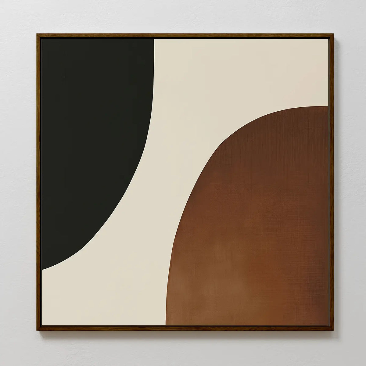 Organic Balance Canvas Art displays curved black and brown forms on beige, framed in slender dark wood and set against a white wall—perfect for modern, minimalist living room décor as striking abstract wall art.