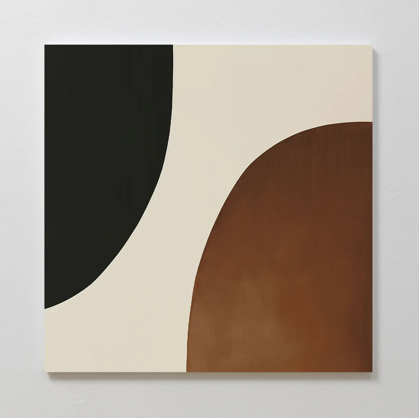 Organic Balance Canvas Art features a cream background with a bold black curve and a brown arc, offering modern abstract art perfect for minimalist living room decor.