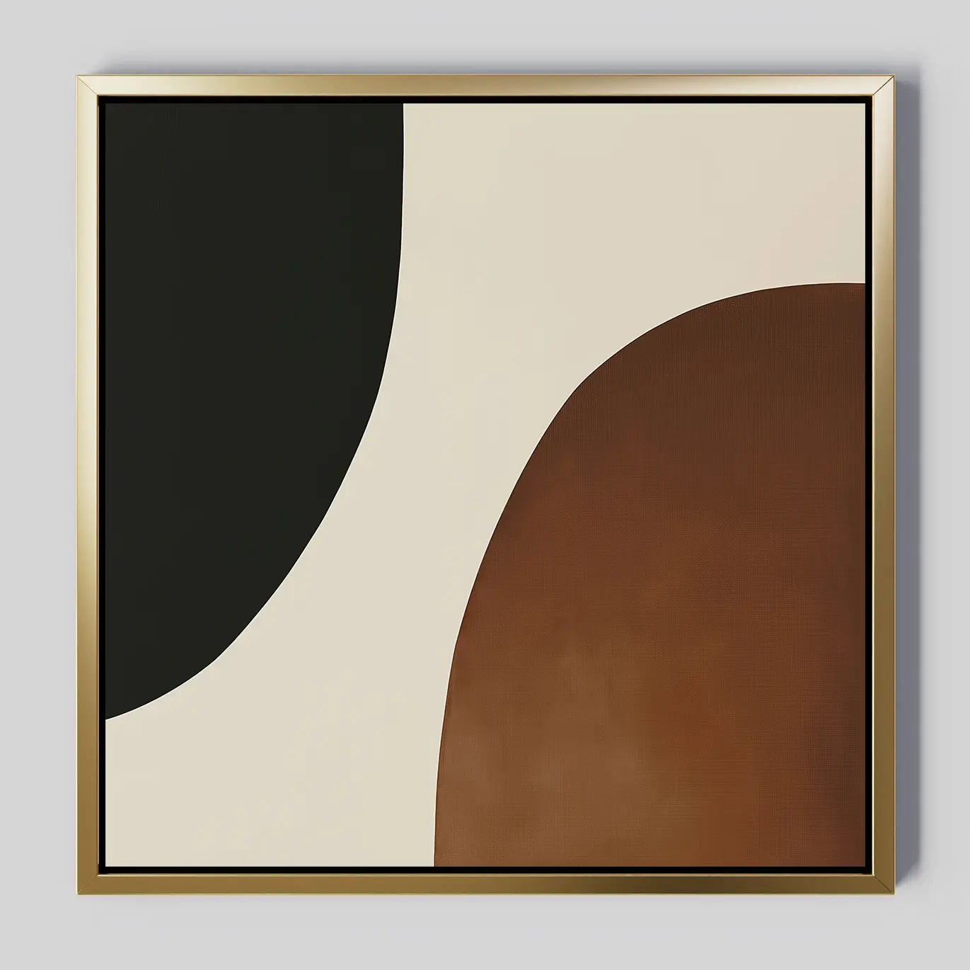 Organic Balance Canvas Art showcases black, cream, and brown curves on a square canvas with a slim gold border—an ideal piece of modern abstract wall art to elevate minimalist living room decor against light gray walls.