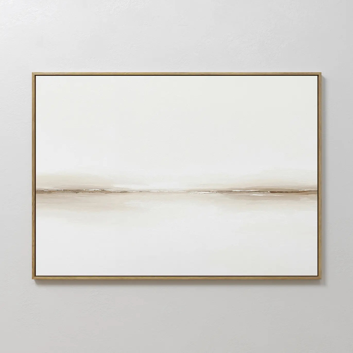 Pale Desert Canvas Art features a soft, horizontal beige and brown line on a white background in a slim gold frame—perfect for elevating your living room decor against a light gray wall.