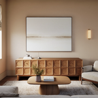 A minimalist living room featuring a wooden sideboard, the Pale Desert Canvas Art, coffee table with books, vase of flowers, light rug, neutral-toned sofa, and soft beige walls—perfect inspiration for chic decor.