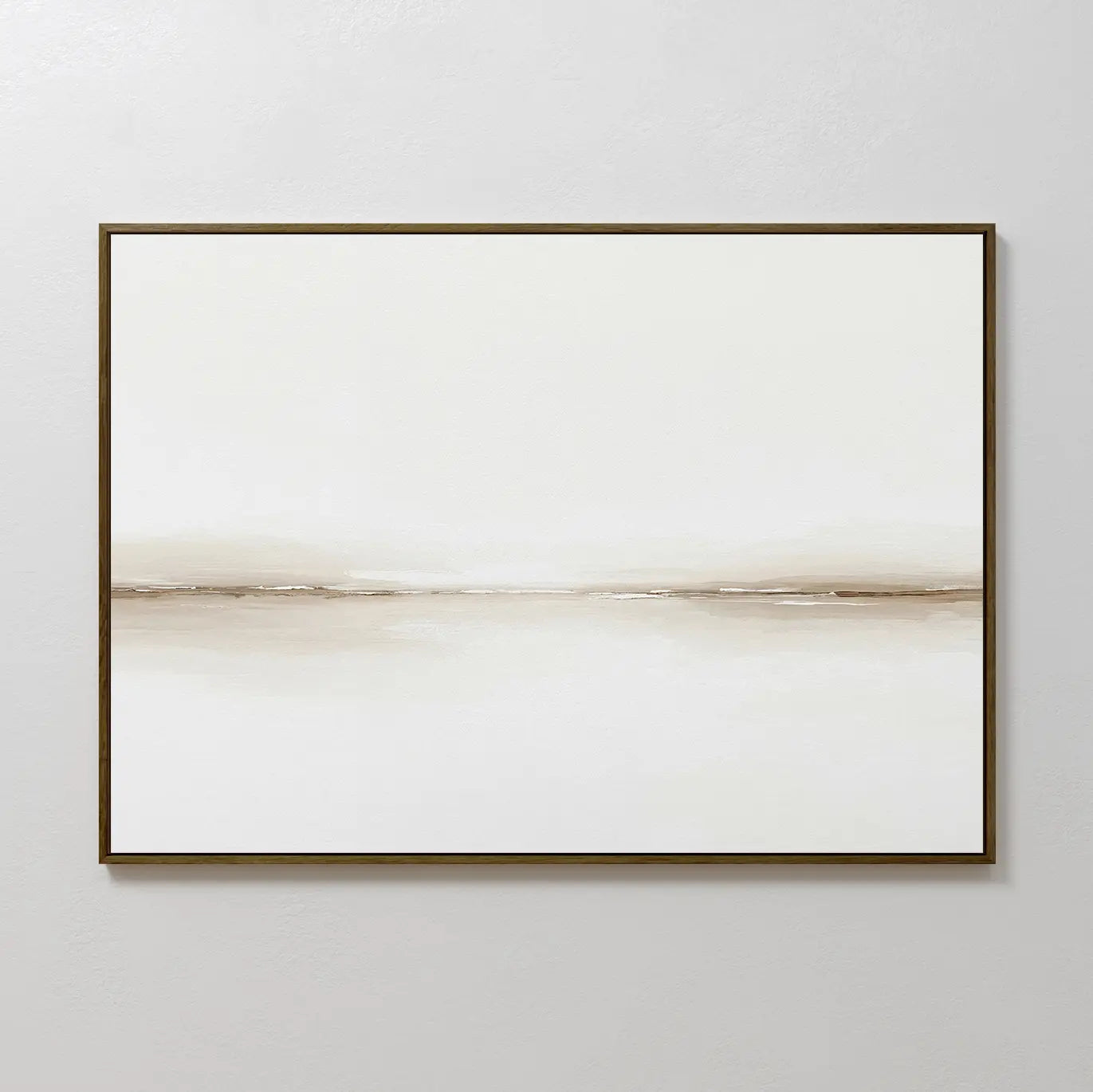 Pale Desert Canvas Art showcases a minimalist, horizontal beige line on a white canvas in a slim dark frame—ideal for contemporary living room decor and perfect on light grey walls.