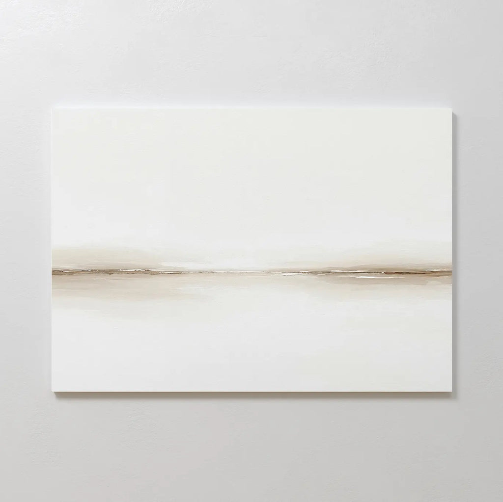 Pale Desert Canvas Art features a mostly white background with a thin, blurred beige and brown line across the center—ideal for adding calm, modern style to your living room decor.