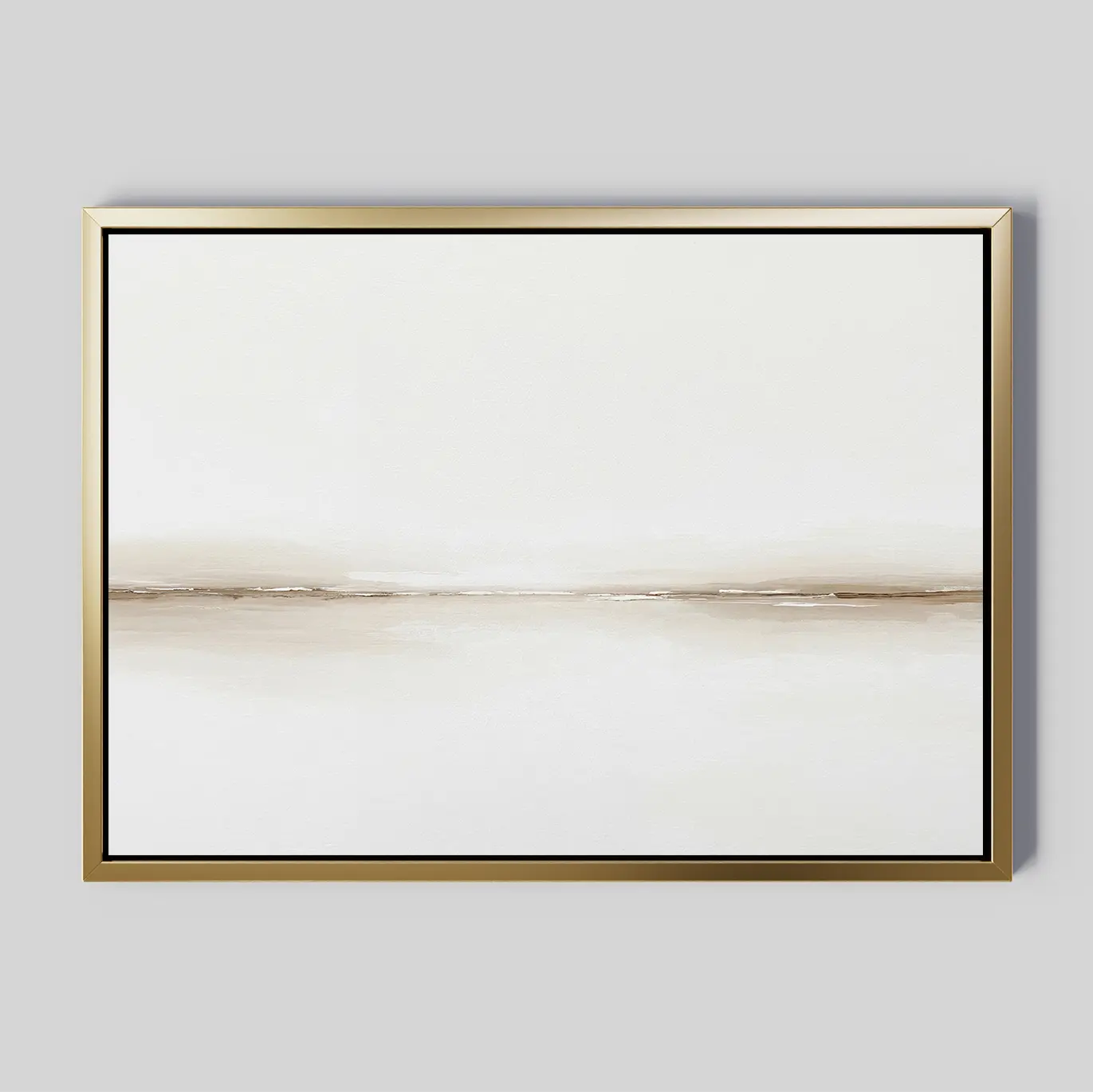 The Pale Desert Canvas Art features a light beige and white gradient with a thin horizontal line, framed in simple gold—an elegant modern accent that elevates your living room decor.