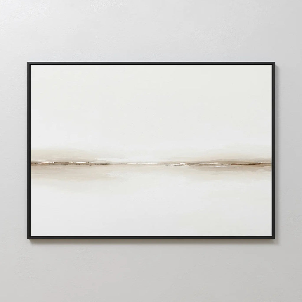 Pale Desert Canvas Art: Minimalist wall decor in a black frame featuring a light beige background and a soft horizontal brown line, evoking a serene landscape—ideal modern canvas art for your living room.