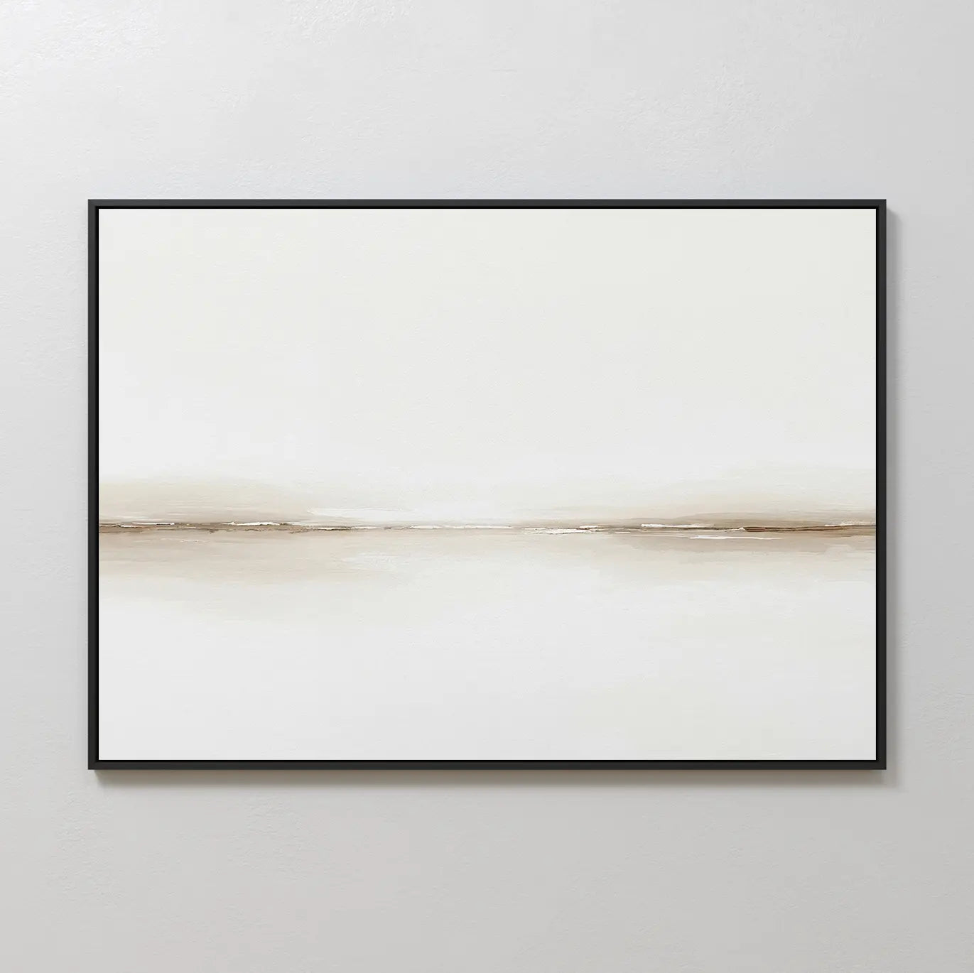Pale Desert Canvas Art: Minimalist wall decor in a black frame featuring a light beige background and a soft horizontal brown line, evoking a serene landscape—ideal modern canvas art for your living room.