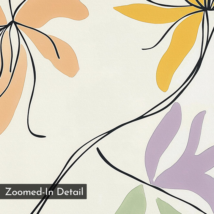 Pastel Botanicals Canvas Art features an abstract design of pastel orange, yellow, purple, and green leaves outlined in black on a light background, with a "Zoomed-In Detail" label—ideal minimalist wall art for a modern bedroom.