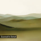 Pastoral Peace Canvas Art showcases soft, overlapping green and brown hills beneath a pale sky. With its canvas-like texture and "Zoomed-In Detail" label, it's the perfect minimalist wall art for a stylish living room.