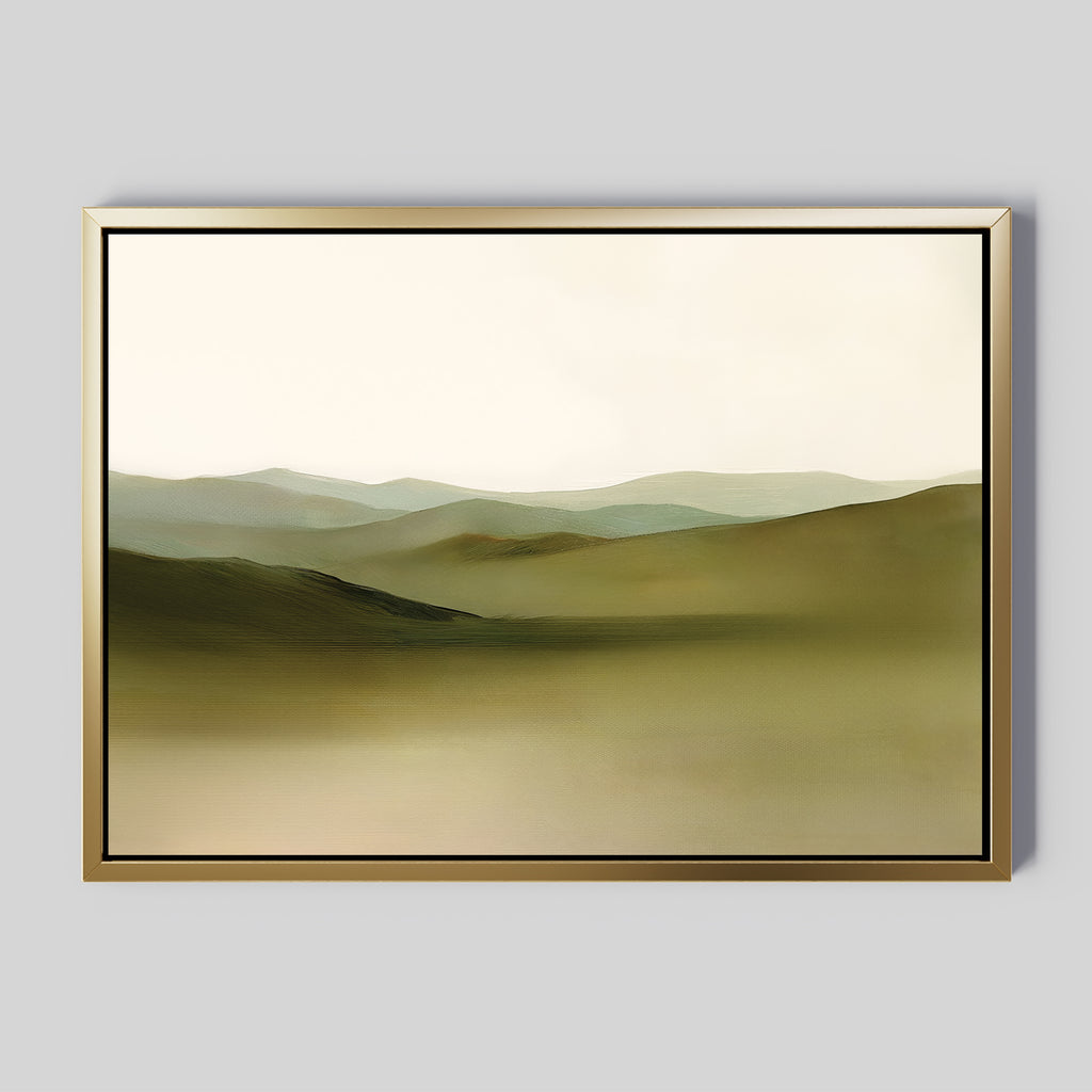 Pastoral Peace Canvas Art features soft, rolling hills in muted green and beige with a pale sky—ideal minimalist wall decor for serene art lovers. Displayed on a plain grey wall, it complements any tranquil space.