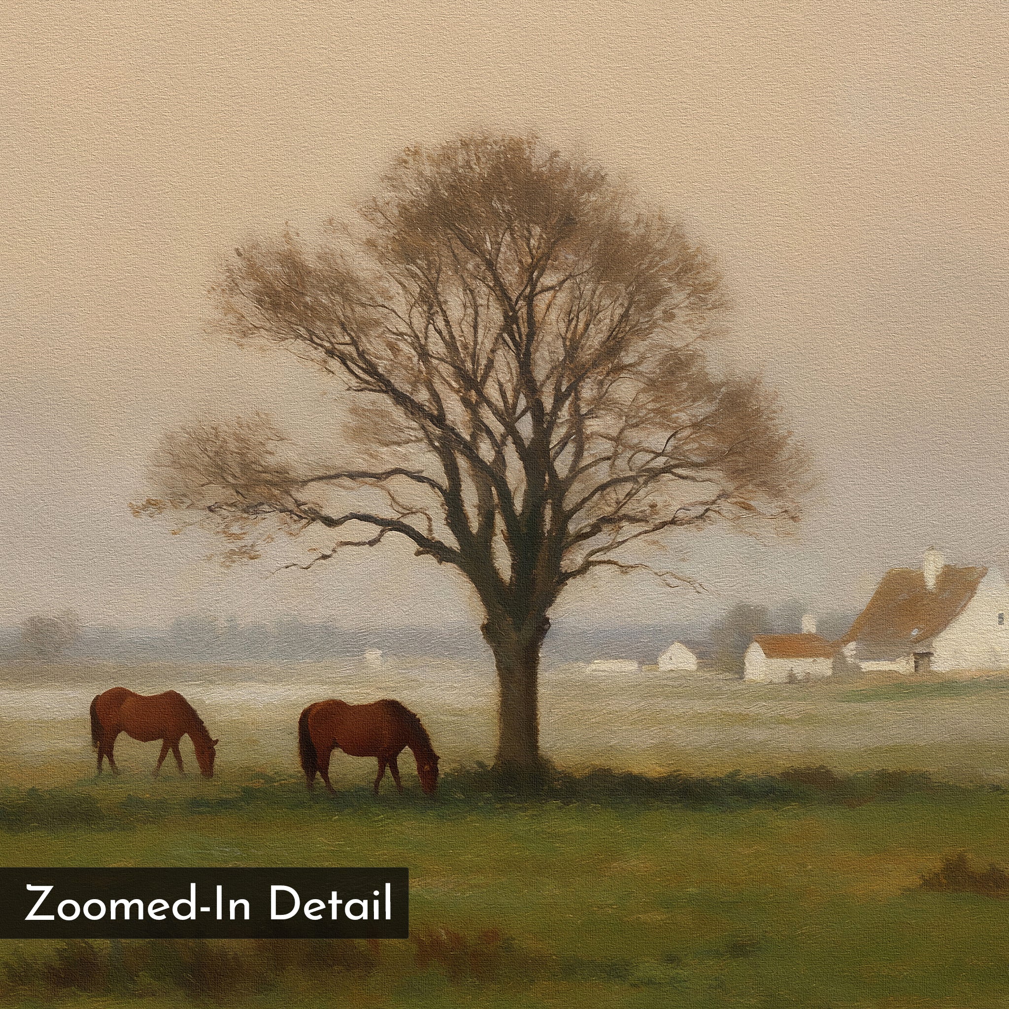 Pasture Morning Canvas Art features a soft, painterly rural scene of two brown horses grazing near a leafless tree in a grassy field, with white cottages and mist in the background. 'Zoomed-In Detail' appears at the bottom left—ideal for wall décor.