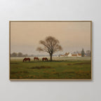 Pasture Morning Canvas Art features horses grazing in a peaceful field—an ideal countryside decor piece or wall art print to bring rural tranquility to your home.