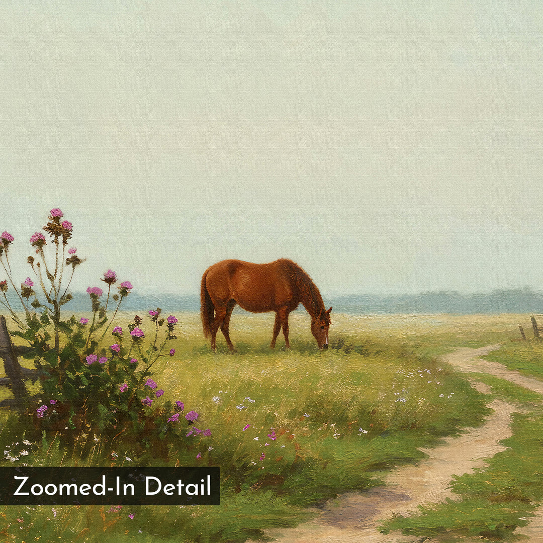 The Pasture Path Canvas Art shows a brown horse grazing in a grassy field near wildflowers and a winding dirt path under a pale sky, with "Zoomed-In Detail" text in the lower left—ideal countryside wall decor.